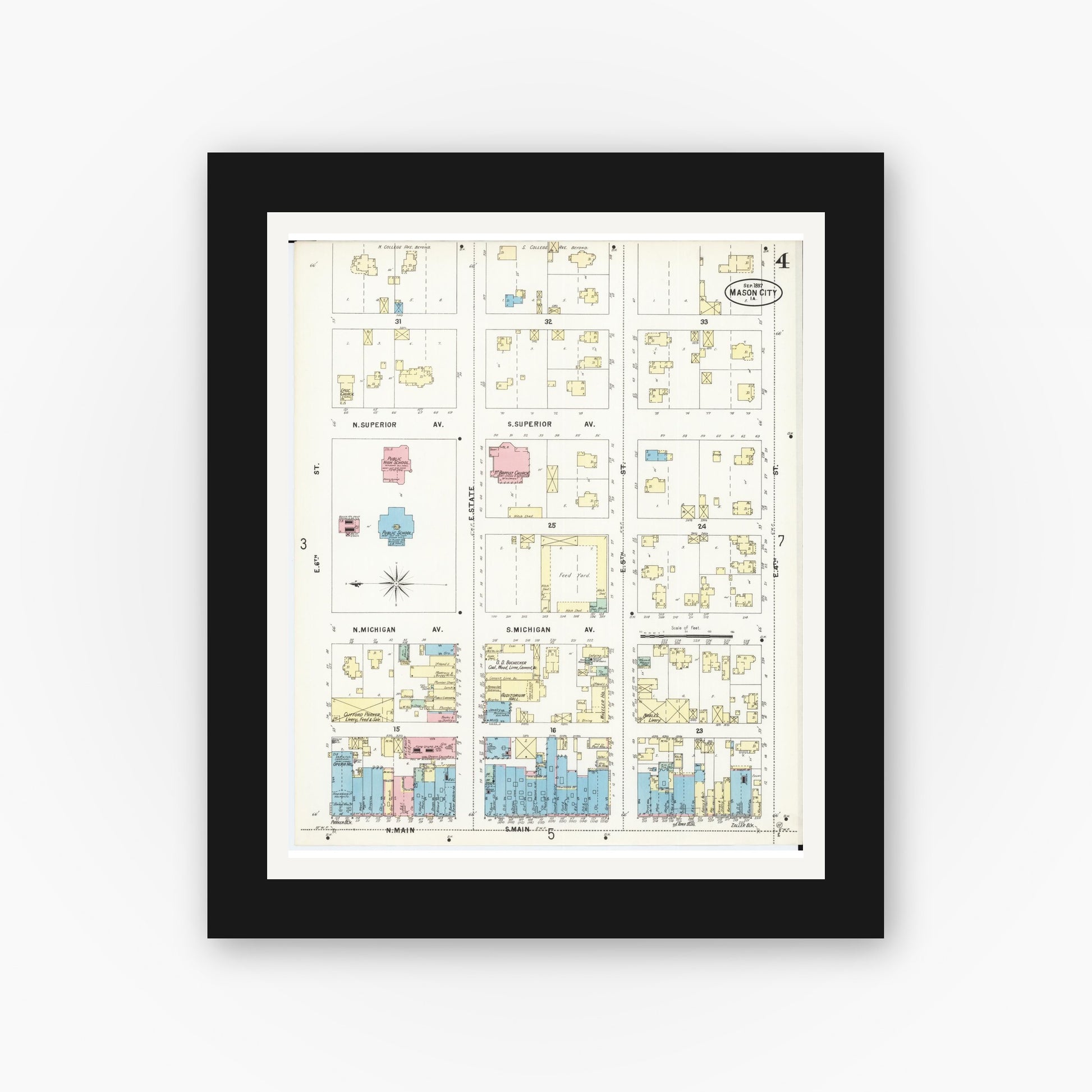 Old map wall art mockup — black gallery frame with white mat — Sanborn Fire Insurance Map from Mason City, Cerro Gordo County, Iowa (1897), Sheet #0004