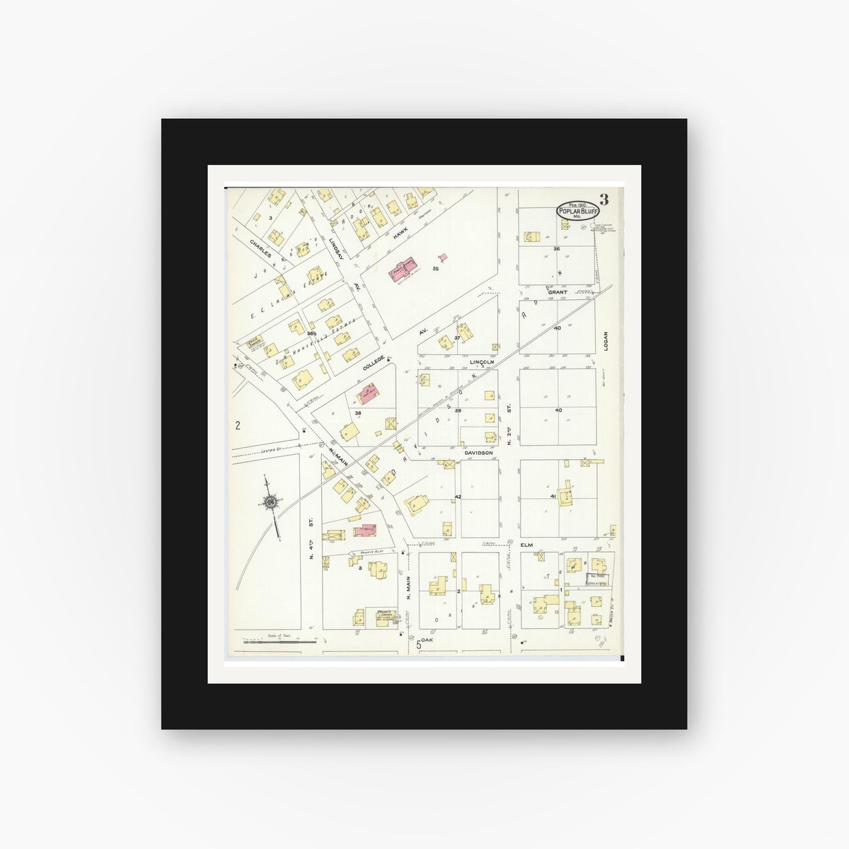 Old map wall art mockup — black gallery frame with white mat — Sanborn Fire Insurance Map from Poplar Bluff, Butler County, Missouri (1910), Sheet #0003