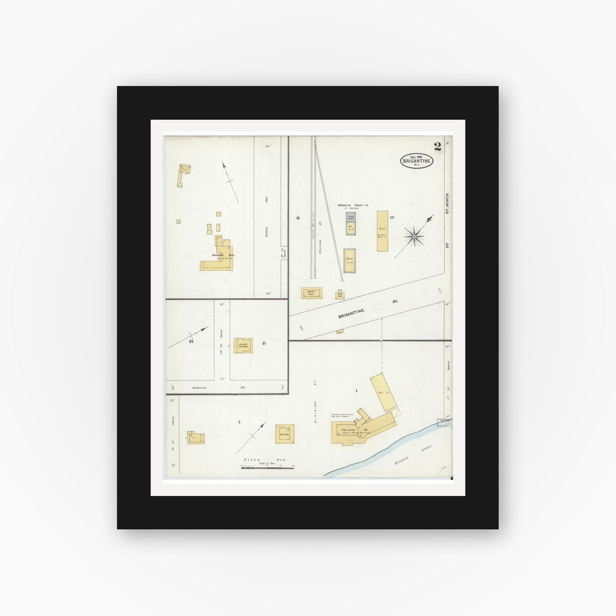 Old map wall art mockup — black gallery frame with white mat — Sanborn Fire Insurance Map from Brigantine, Atlantic County, New Jersey (1906), Sheet #0002