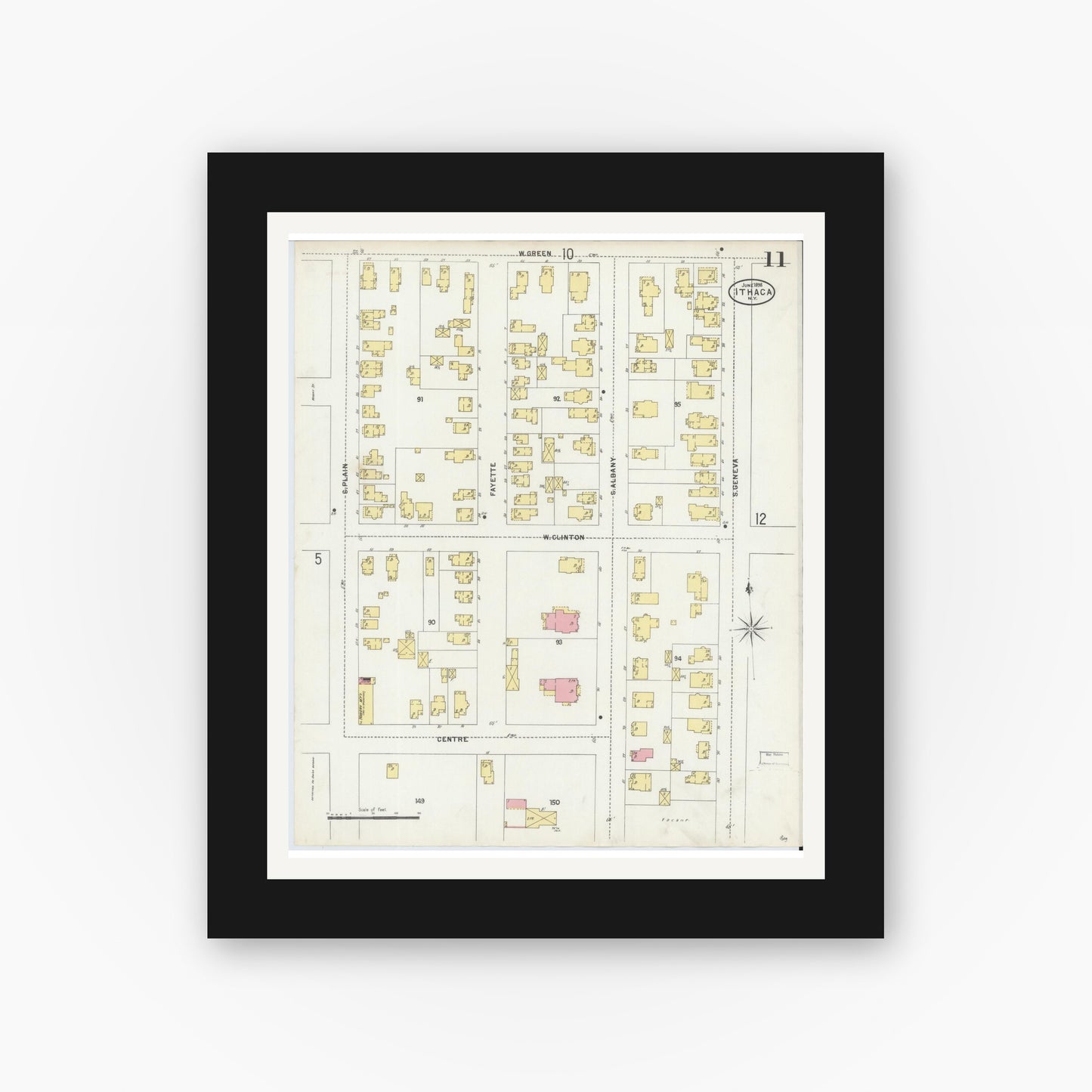 Old map wall art mockup — black gallery frame with white mat — Sanborn Fire Insurance Map from Ithaca, Tompkins County, New York (1898), Sheet #0011