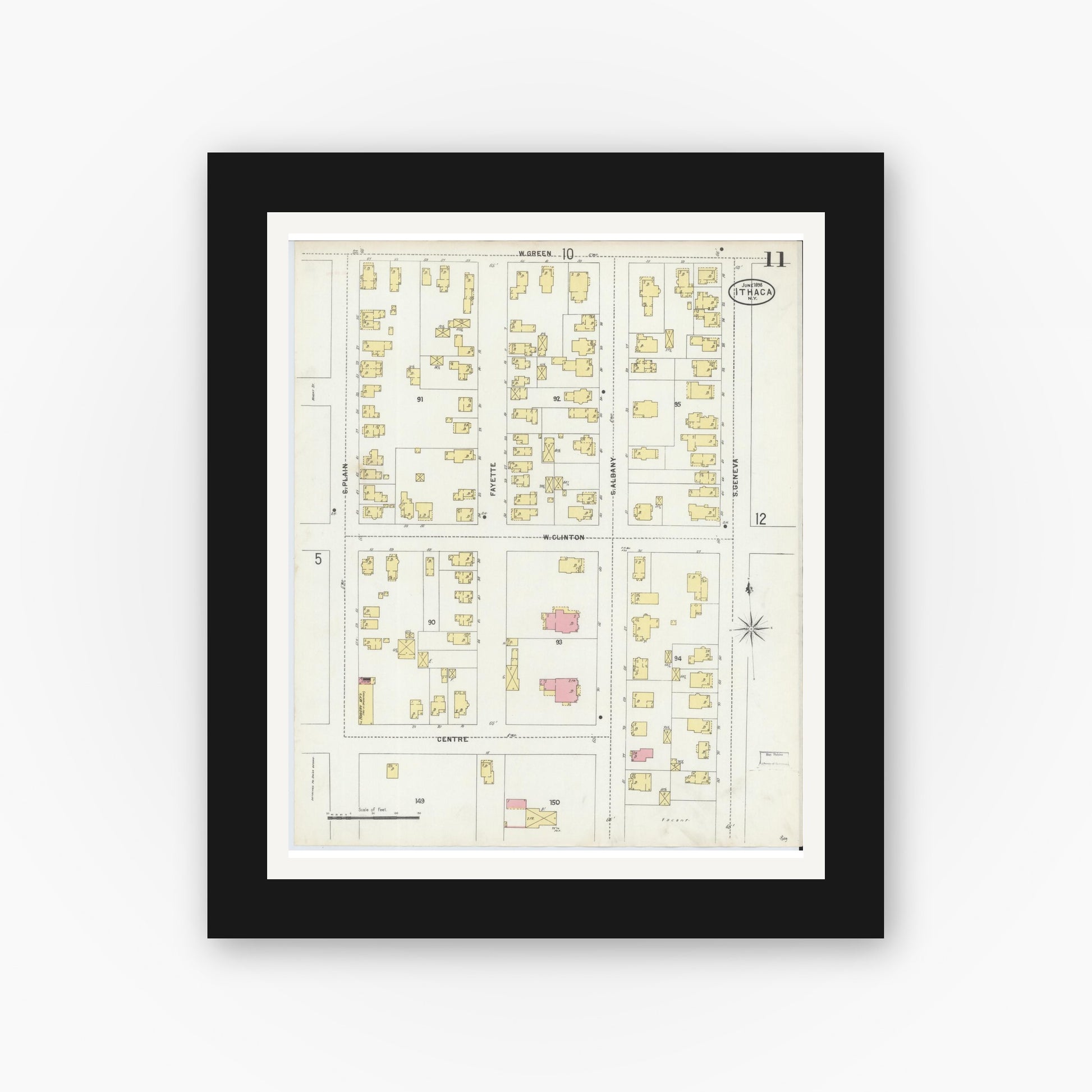 Old map wall art mockup — black gallery frame with white mat — Sanborn Fire Insurance Map from Ithaca, Tompkins County, New York (1898), Sheet #0011