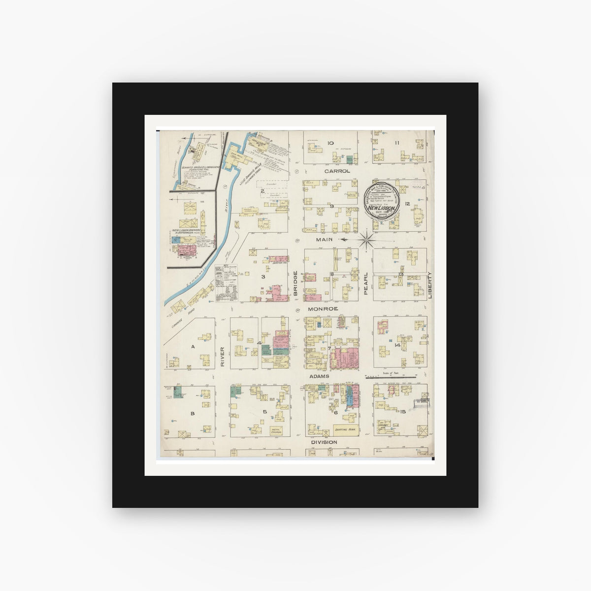 Old map wall art mockup — black gallery frame with white mat — Sanborn Fire Insurance Map from New Lisbon, Juneau County, Wisconsin (1885), Sheet #0001