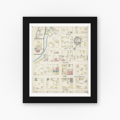 Old map wall art mockup — black gallery frame with white mat — Sanborn Fire Insurance Map from New Lisbon, Juneau County, Wisconsin (1885), Sheet #0001