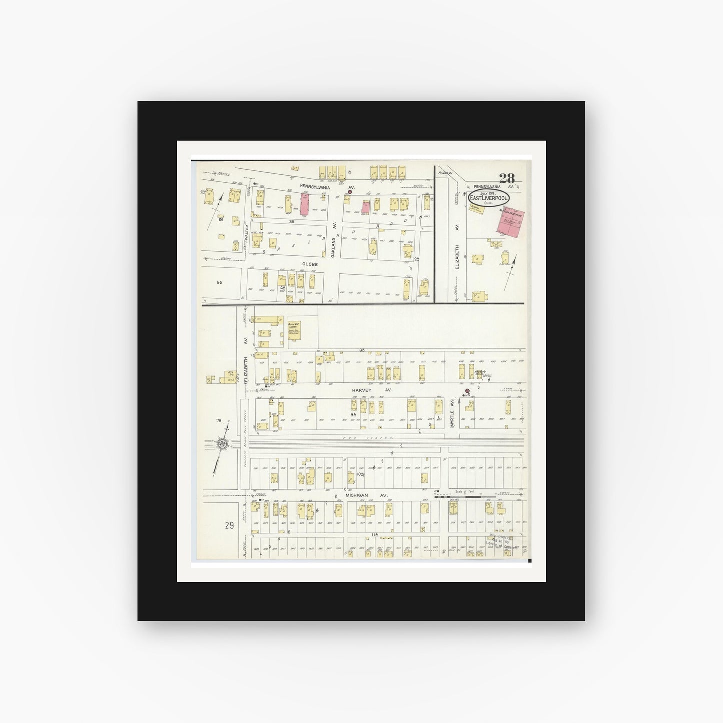 Old map wall art mockup — black gallery frame with white mat — Sanborn Fire Insurance Map from East Liverpool, Columbiana County, Ohio (1913), Sheet #0028
