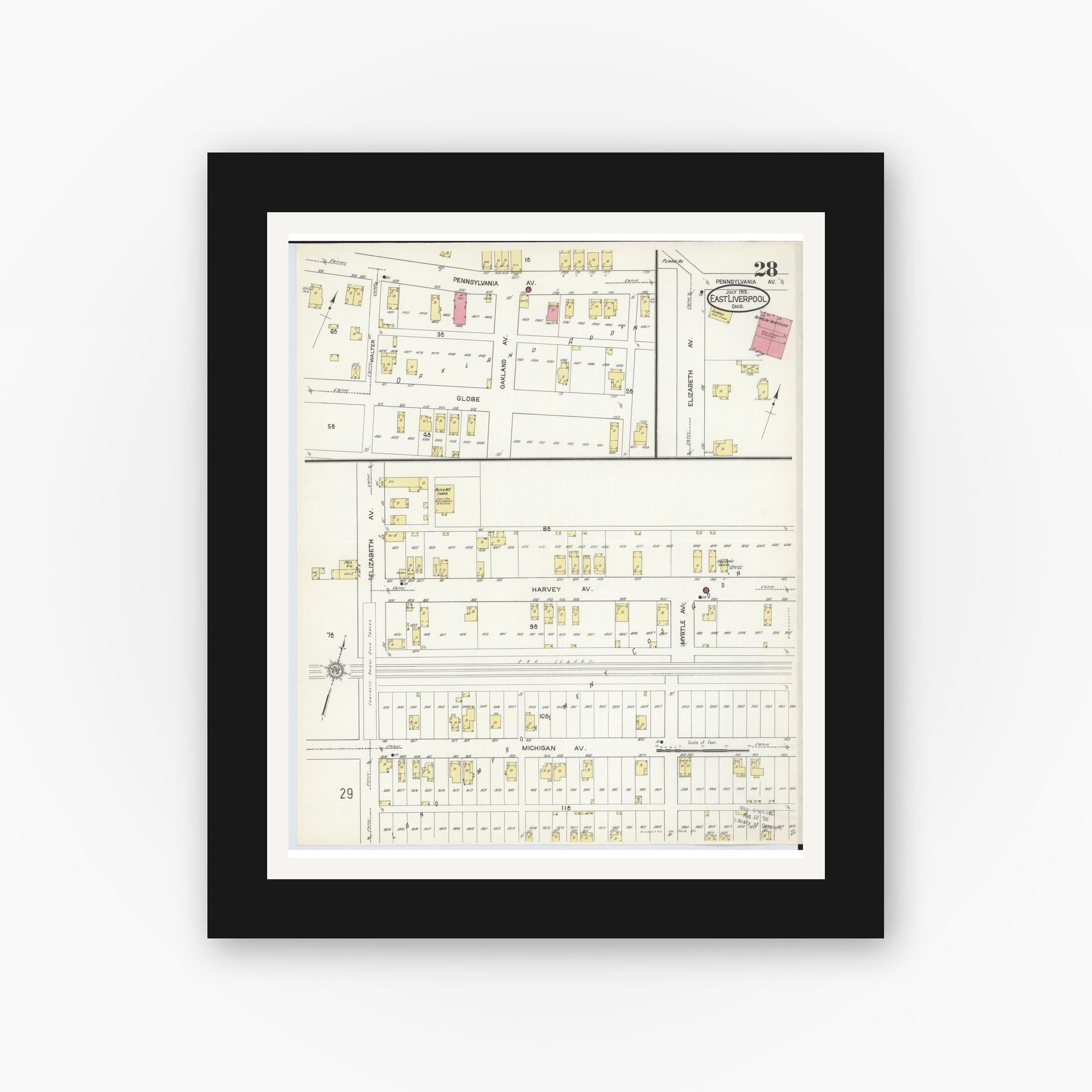 Old map wall art mockup — black gallery frame with white mat — Sanborn Fire Insurance Map from East Liverpool, Columbiana County, Ohio (1913), Sheet #0028