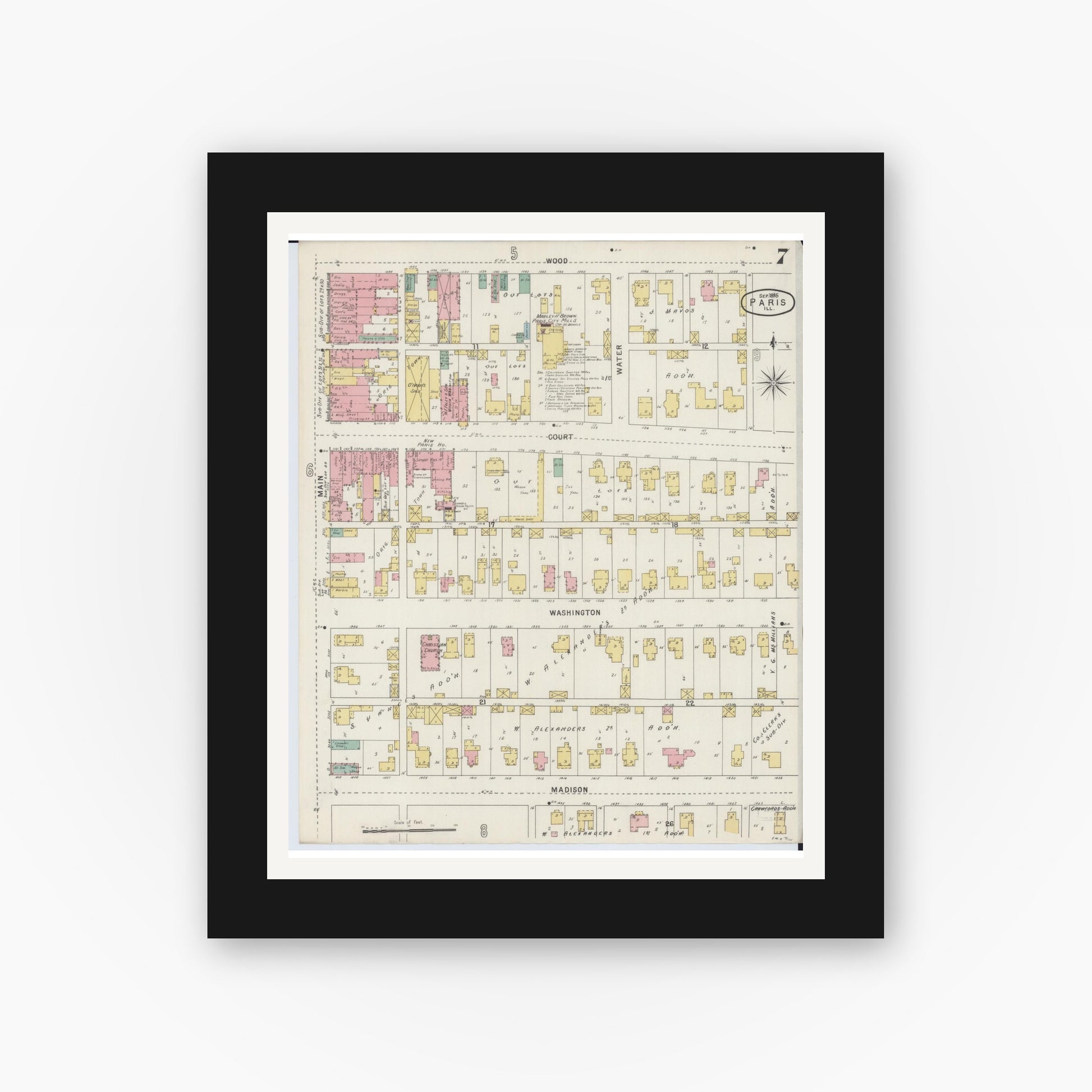 Old map wall art mockup — black gallery frame with white mat — Sanborn Fire Insurance Map from Paris, Edgar County, Illinois (1895), Sheet #0007
