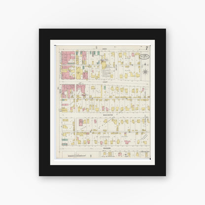 Old map wall art mockup — black gallery frame with white mat — Sanborn Fire Insurance Map from Paris, Edgar County, Illinois (1895), Sheet #0007