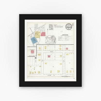 Old map wall art mockup — black gallery frame with white mat — Sanborn Fire Insurance Map from Carrollton, Dallas County, Texas (1921) - Complete Map Set