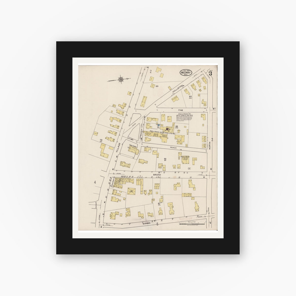 Old map wall art mockup — black gallery frame with white mat — Sanborn Fire Insurance Map from Medway, Norfolk County, Massachusetts (1922), Sheet #0003