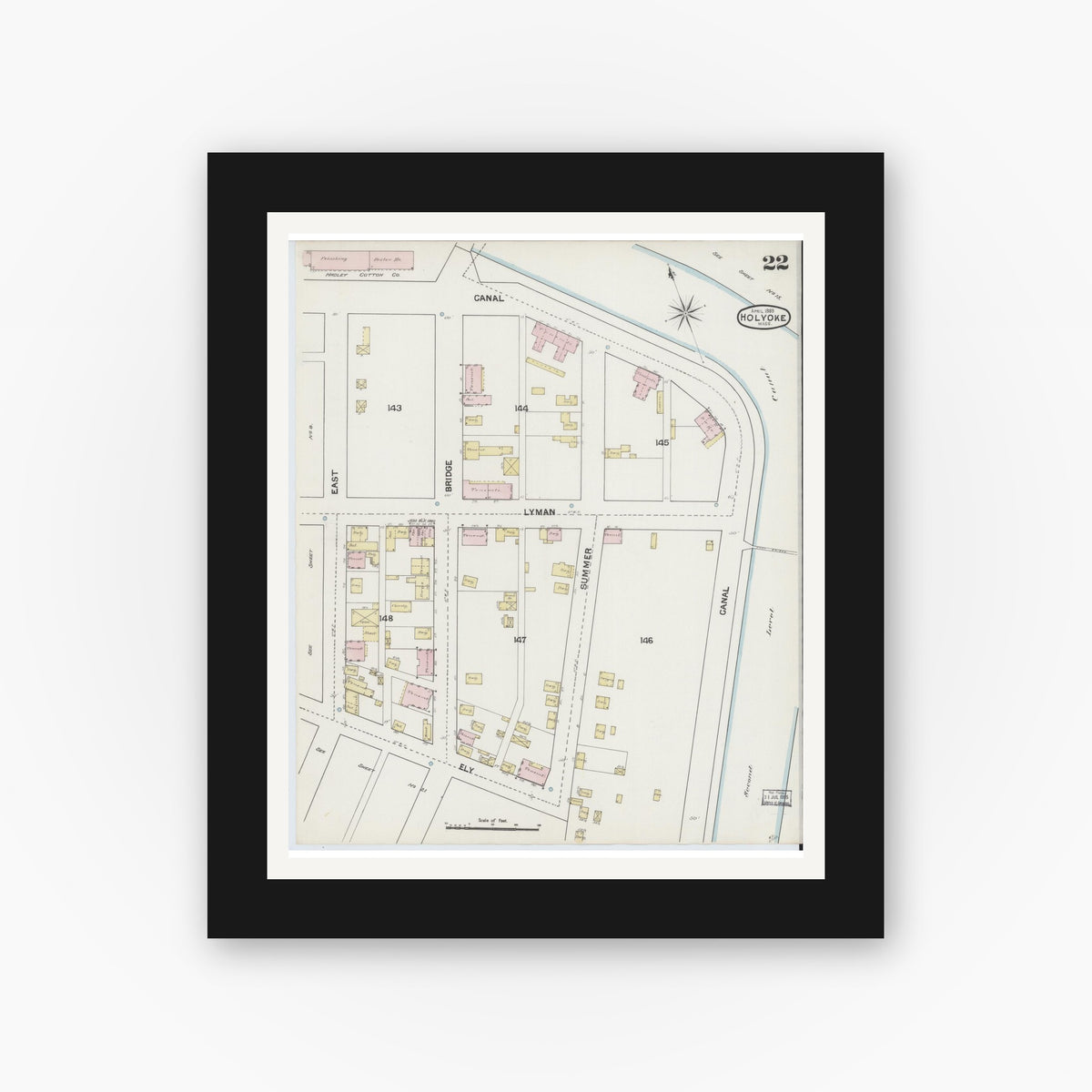 Old map wall art mockup — black gallery frame with white mat — Sanborn Fire Insurance Map from Holyoke, Hampden County, Massachusetts (1889), Sheet #0022
