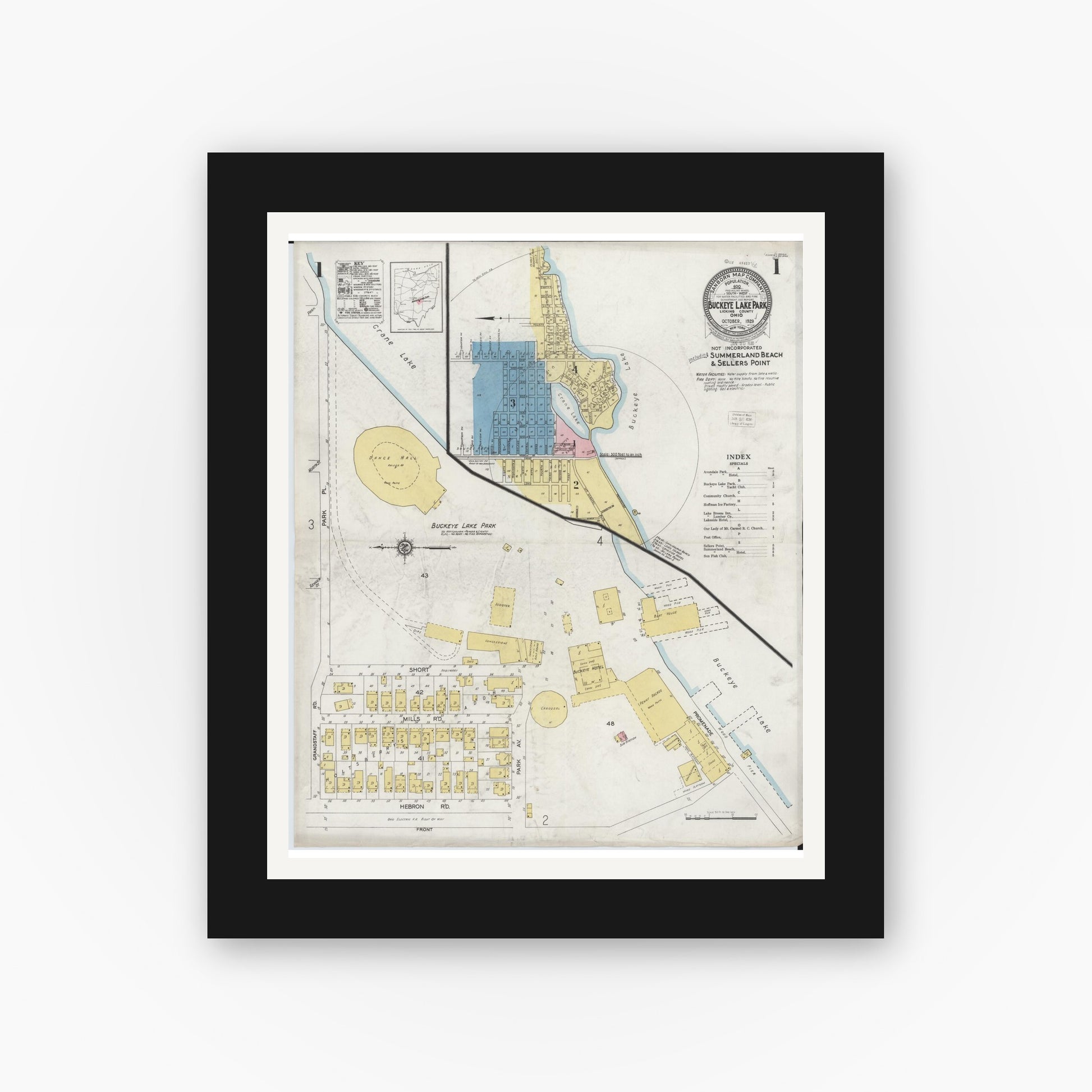 Old map wall art mockup — black gallery frame with white mat — Sanborn Fire Insurance Map from Buckeye Lake, Licking County, Ohio (1929), Sheet #0001