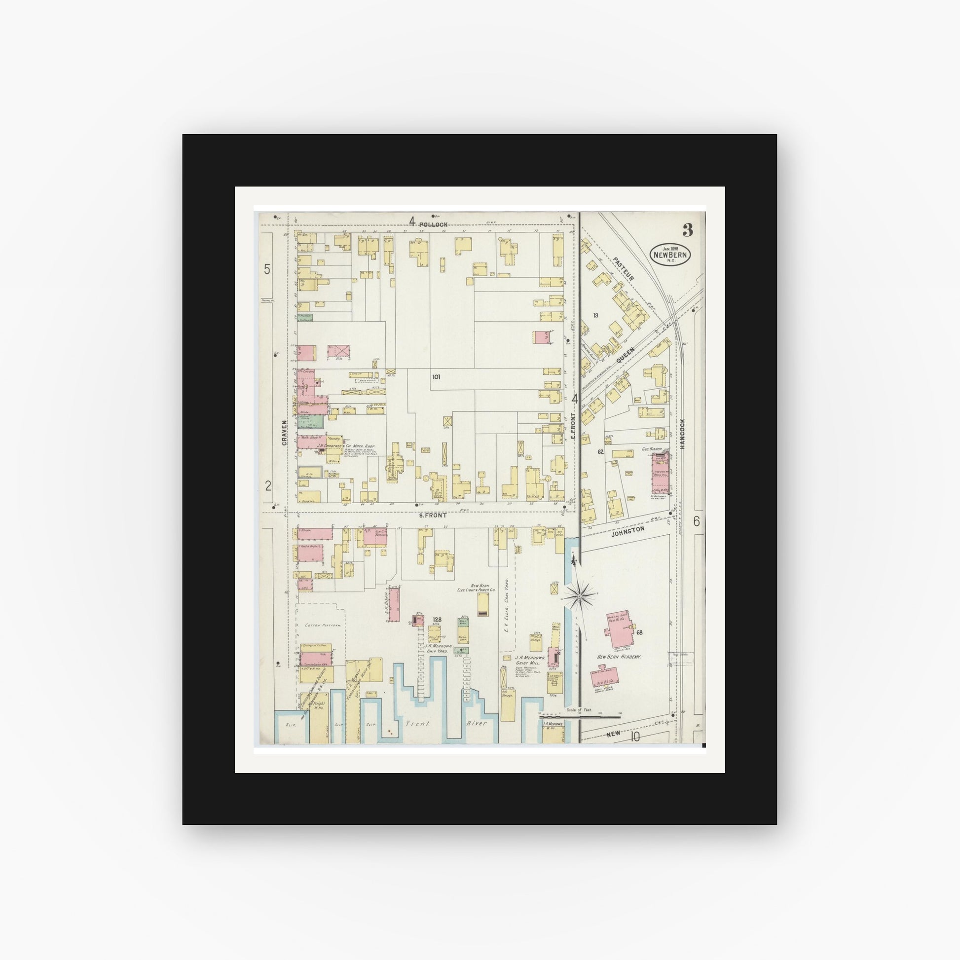 Old map wall art mockup — black gallery frame with white mat — Sanborn Fire Insurance Map from New Bern, Craven County, North Carolina (1898), Sheet #0003