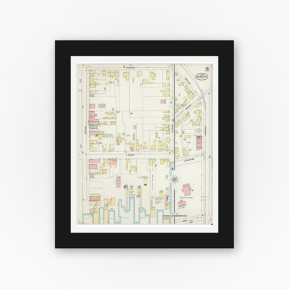 Old map wall art mockup — black gallery frame with white mat — Sanborn Fire Insurance Map from New Bern, Craven County, North Carolina (1898), Sheet #0003