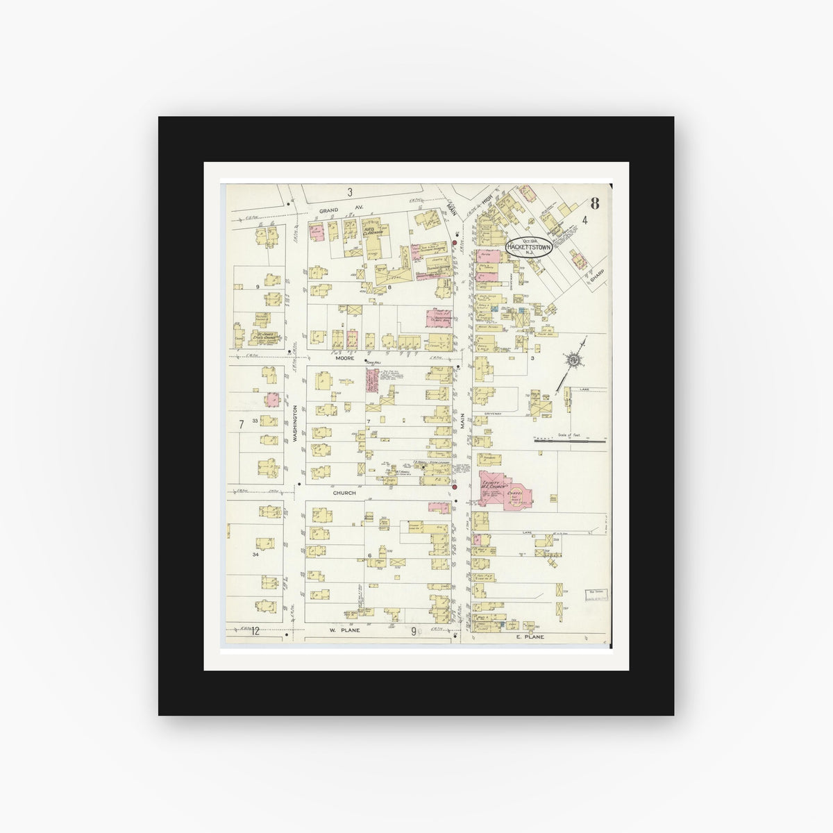 Old map wall art mockup — black gallery frame with white mat — Sanborn Fire Insurance Map from Hackettstown, Warren County, New Jersey (1914), Sheet #0008