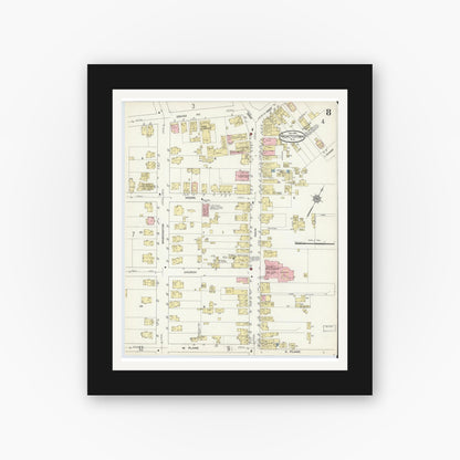 Old map wall art mockup — black gallery frame with white mat — Sanborn Fire Insurance Map from Hackettstown, Warren County, New Jersey (1914), Sheet #0008