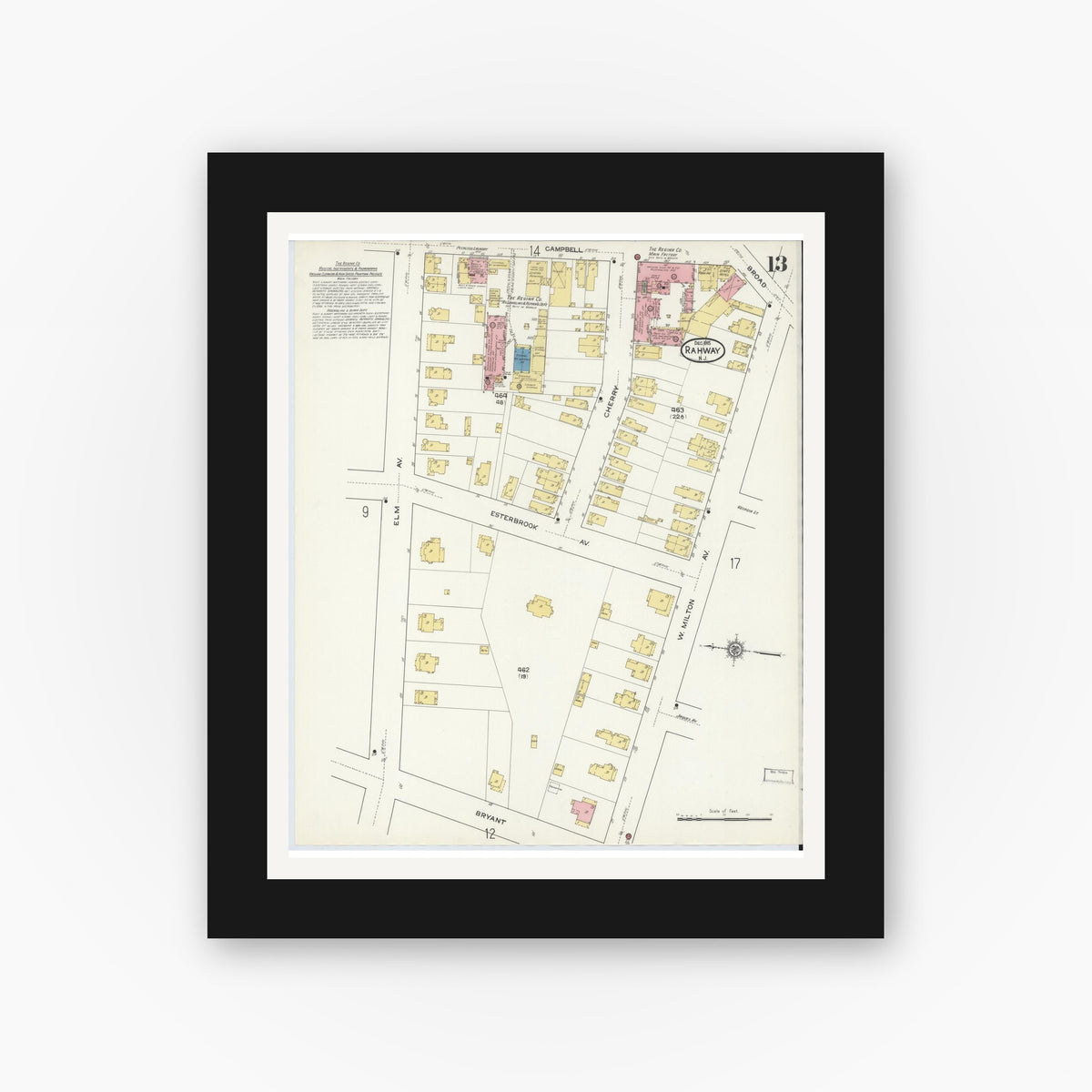 Old map wall art mockup — black gallery frame with white mat — Sanborn Fire Insurance Map from Rahway, Union County, New Jersey (1915), Sheet #0013