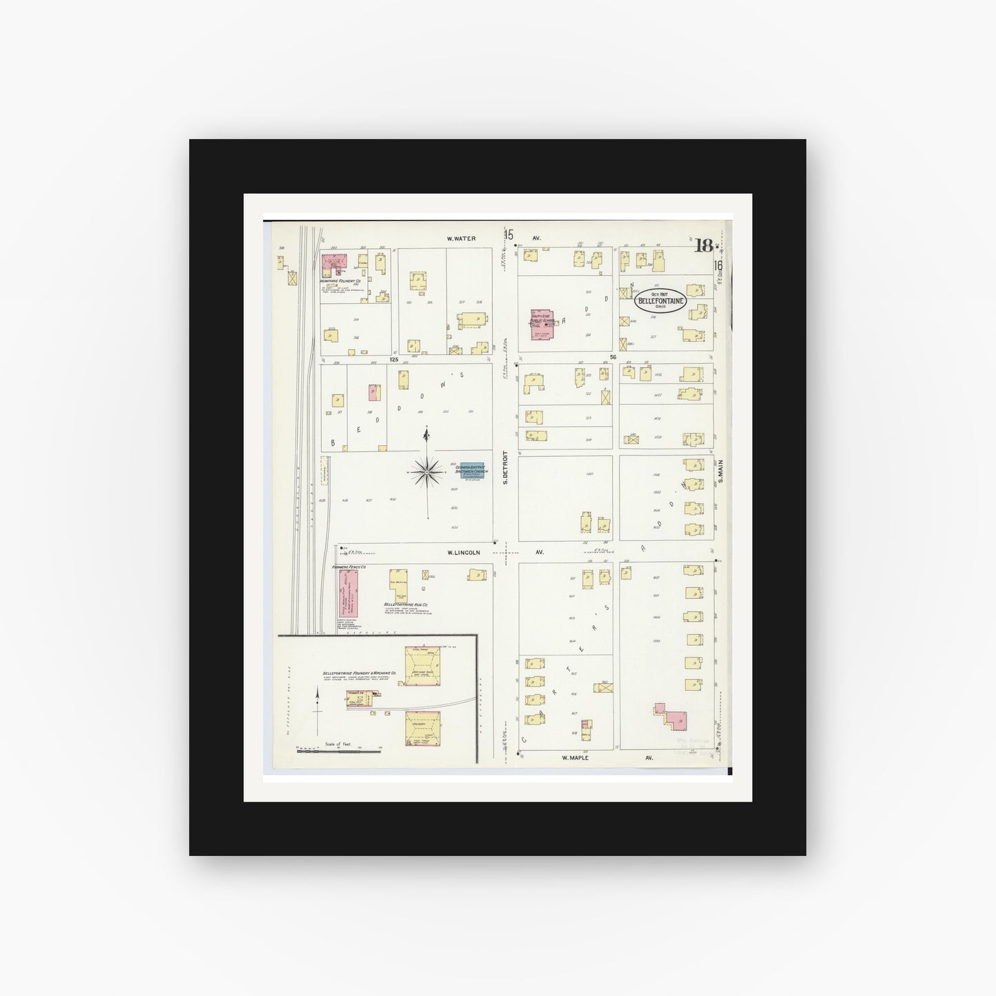 Old map wall art mockup — black gallery frame with white mat — Sanborn Fire Insurance Map from Bellefontaine, Logan County, Ohio (1907), Sheet #0018