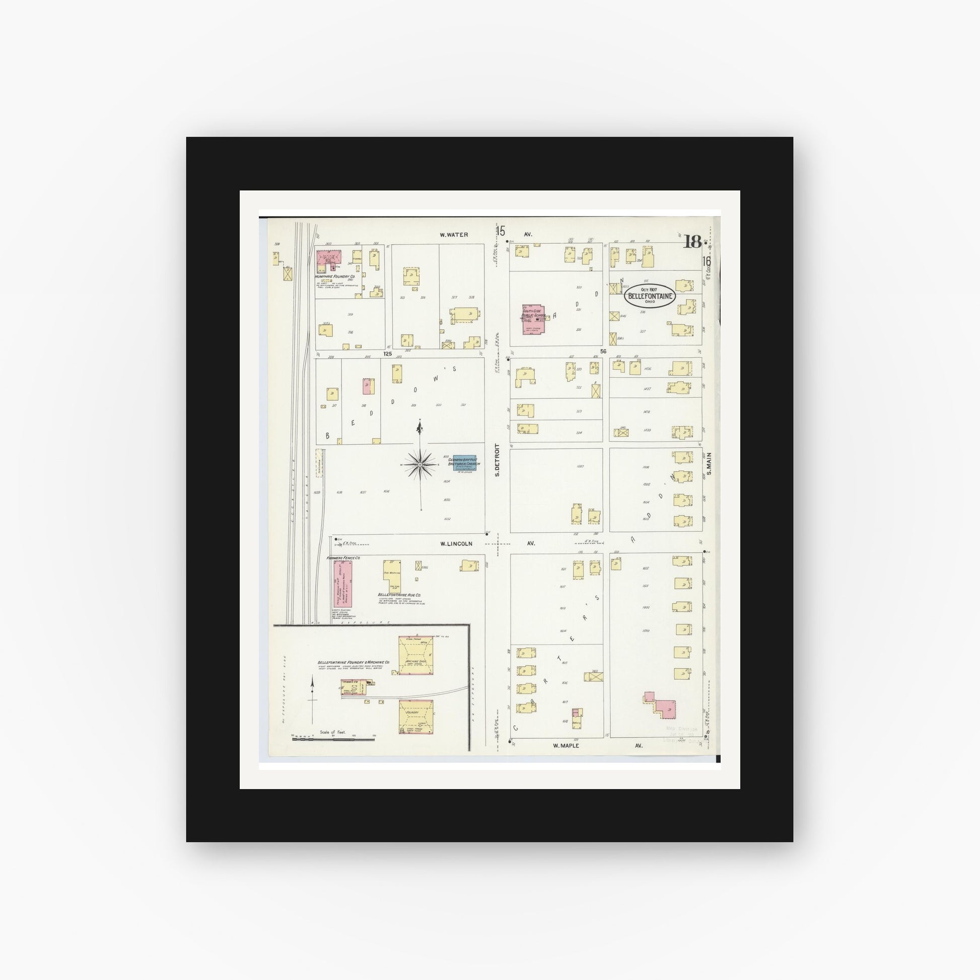 Old map wall art mockup — black gallery frame with white mat — Sanborn Fire Insurance Map from Bellefontaine, Logan County, Ohio (1907), Sheet #0018