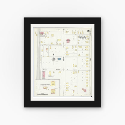 Old map wall art mockup — black gallery frame with white mat — Sanborn Fire Insurance Map from Bellefontaine, Logan County, Ohio (1907), Sheet #0018