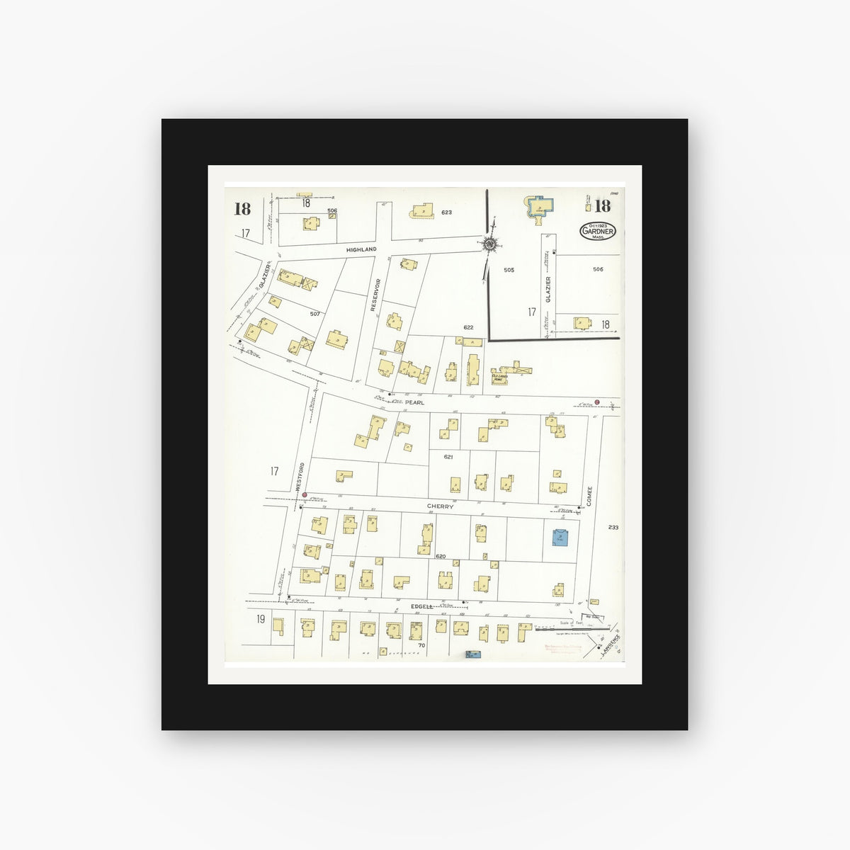 Old map wall art mockup — black gallery frame with white mat — Sanborn Fire Insurance Map from Gardner, Worcester County, Massachusetts (1923), Sheet #0018