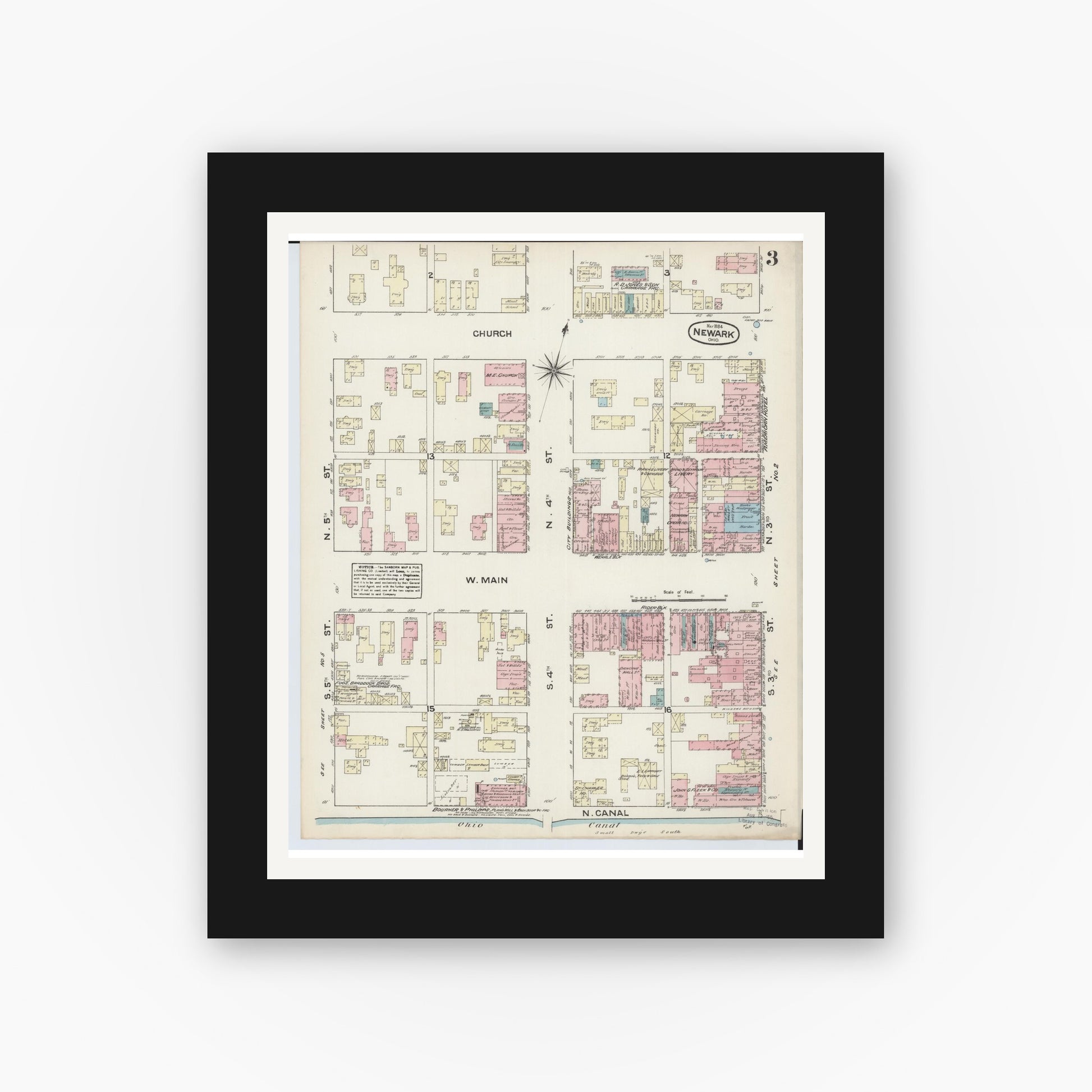 Old map wall art mockup — black gallery frame with white mat — Sanborn Fire Insurance Map from Newark, Licking County, Ohio (1884), Sheet #0003