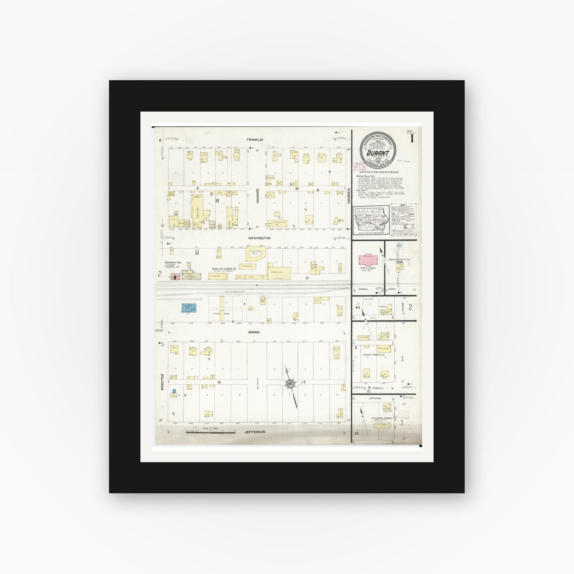 Old map wall art mockup — black gallery frame with white mat — Sanborn Fire Insurance Map from Durant, Cedar County, Iowa (1913) â€” Complete Set