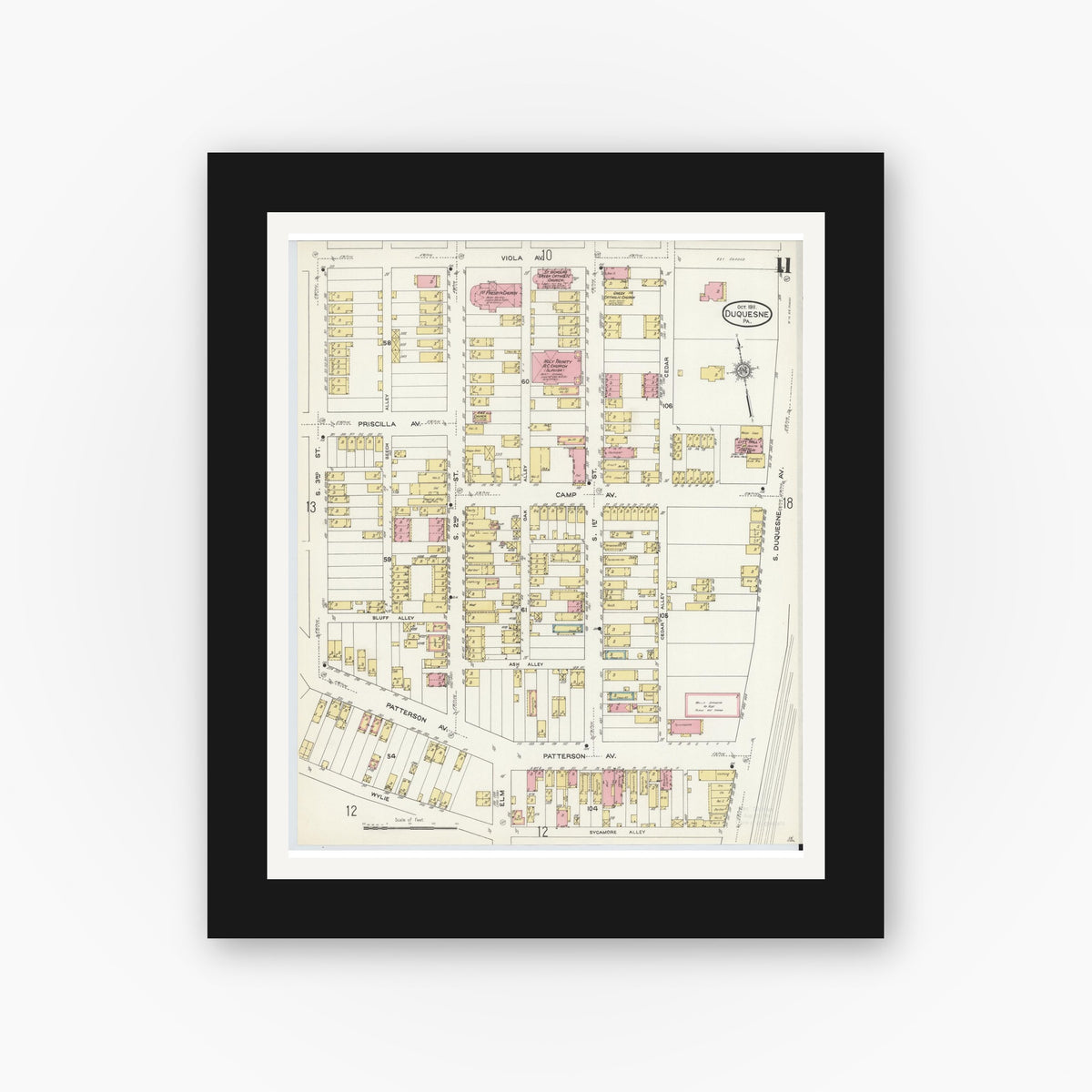 Old map wall art mockup — black gallery frame with white mat — Sanborn Fire Insurance Map from Duquesne, Allegheny County, Pennsylvania (1911), Sheet #0011