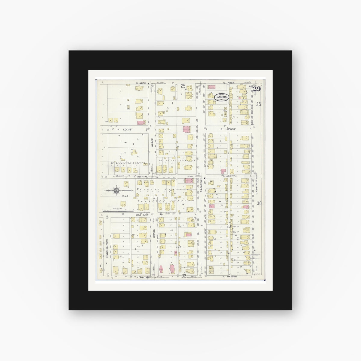 Old map wall art mockup — black gallery frame with white mat — Sanborn Fire Insurance Map from Hannibal, Marion County, Missouri (1913), Sheet #0029