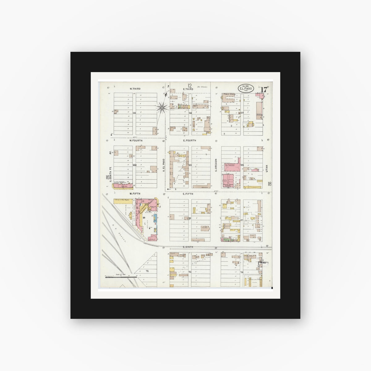Old map wall art mockup — black gallery frame with white mat — Sanborn Fire Insurance Map from El Paso, El Paso County, Texas (1898), Sheet #0017