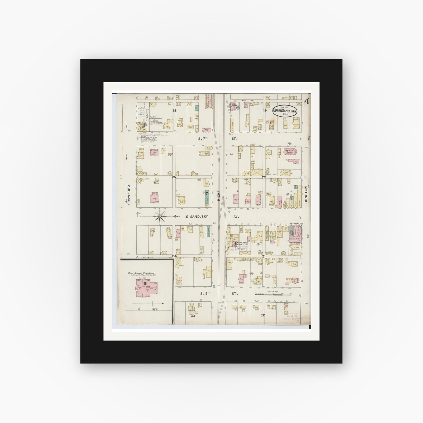 Old map wall art mockup — black gallery frame with white mat — Sanborn Fire Insurance Map from Upper Sandusky, Wyandot County, Ohio (1888), Sheet #0004