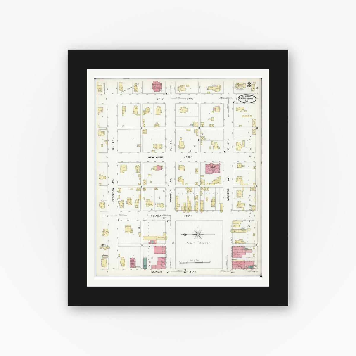 Old map wall art mockup — black gallery frame with white mat — Sanborn Fire Insurance Map from Chrisman, Edgar County, Illinois (1908), Sheet #0003