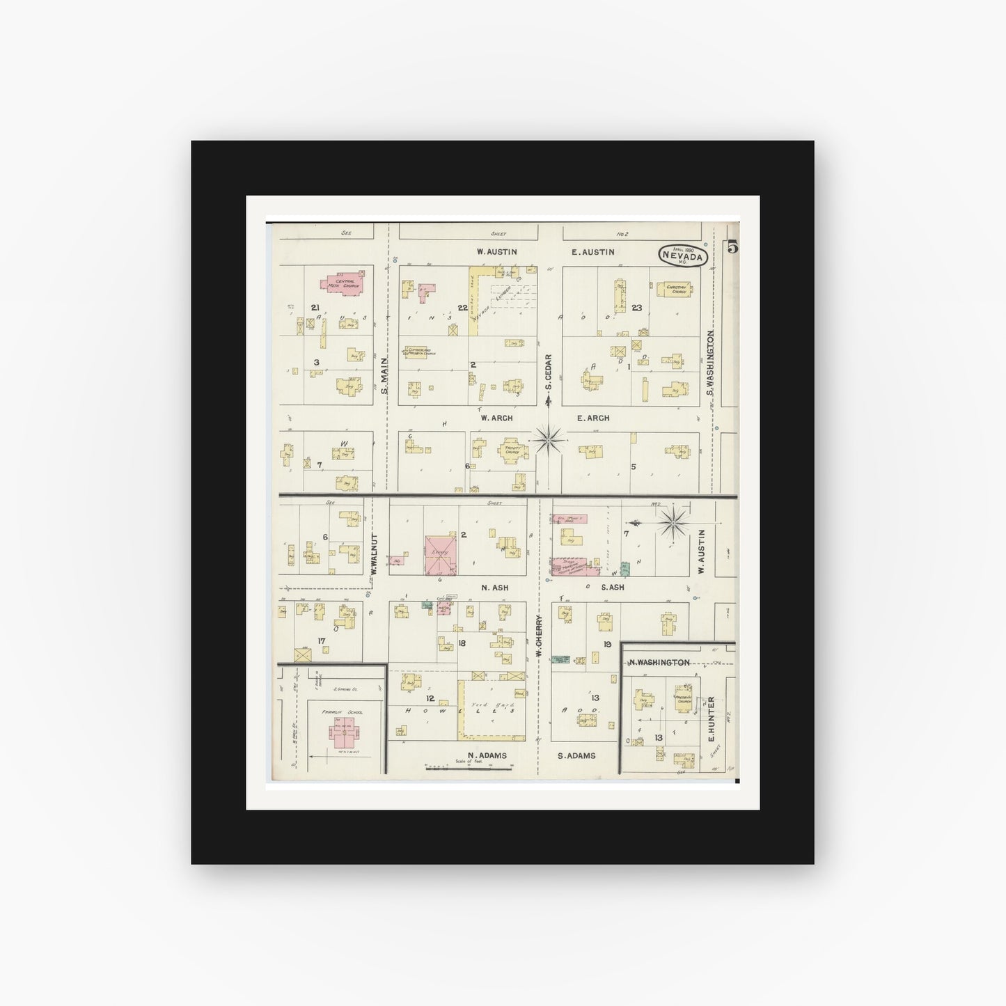 Old map wall art mockup — black gallery frame with white mat — Sanborn Fire Insurance Map from Nevada, Vernon County, Missouri (1890), Sheet #0005