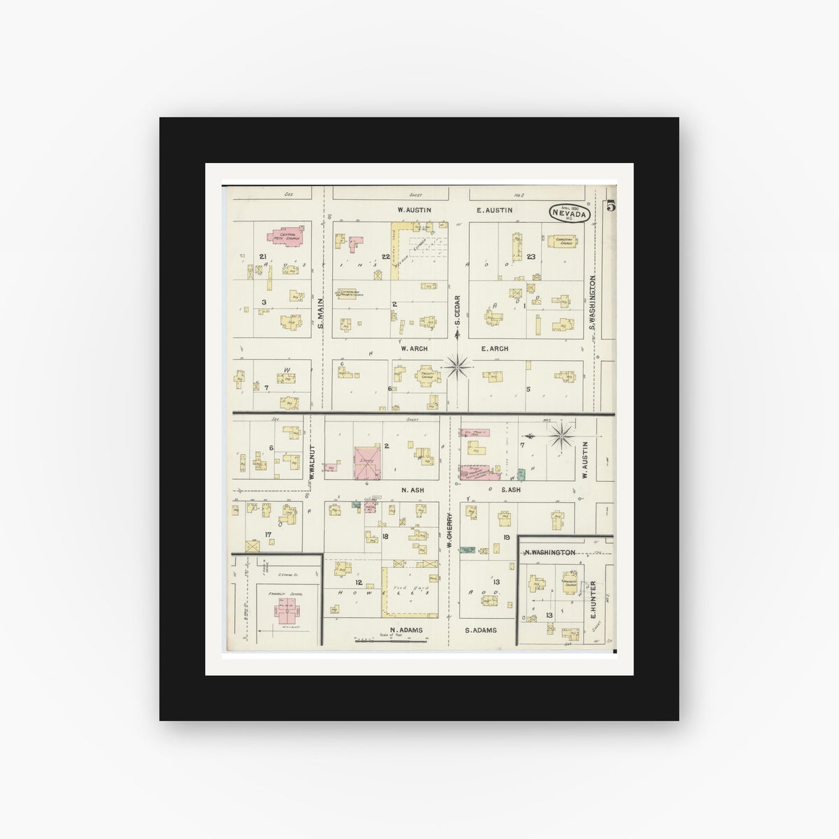 Old map wall art mockup — black gallery frame with white mat — Sanborn Fire Insurance Map from Nevada, Vernon County, Missouri (1890), Sheet #0005