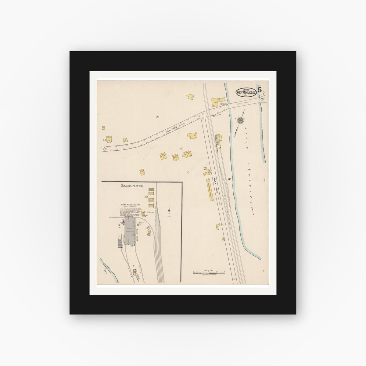 Old map wall art mockup — black gallery frame with white mat — Sanborn Fire Insurance Map from West Middlesex, Mercer County, Pennsylvania (1921), Sheet #0005