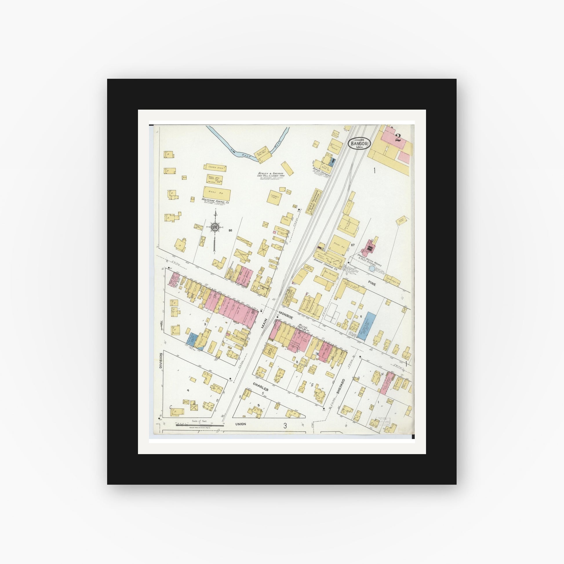 Old map wall art mockup — black gallery frame with white mat — Sanborn Fire Insurance Map from Bangor, Van Buren County, Michigan (1918), Sheet #0002