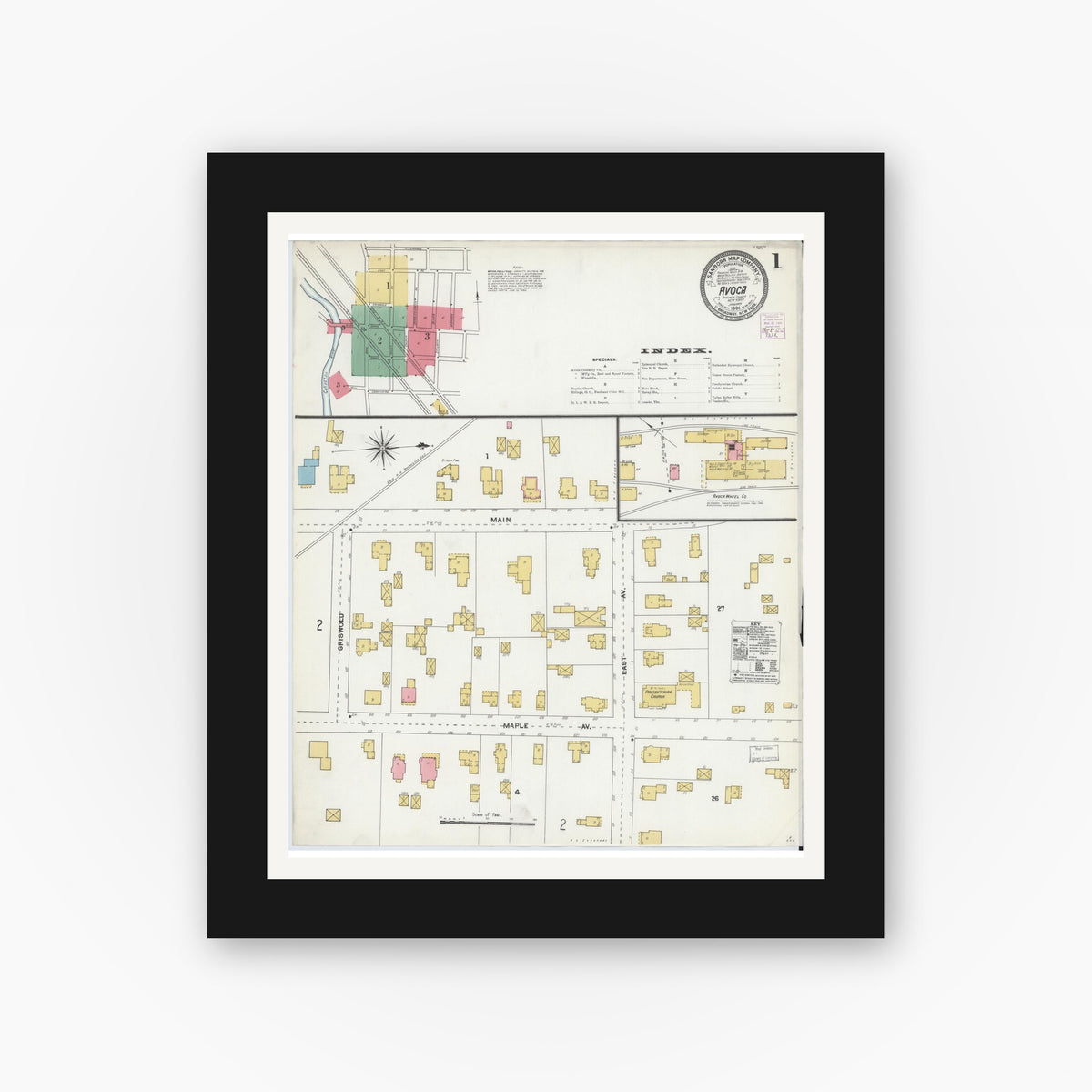 Old map wall art mockup — black gallery frame with white mat — Sanborn Fire Insurance Map from Avoca, Steuben County, New York (1905), Sheet #0001