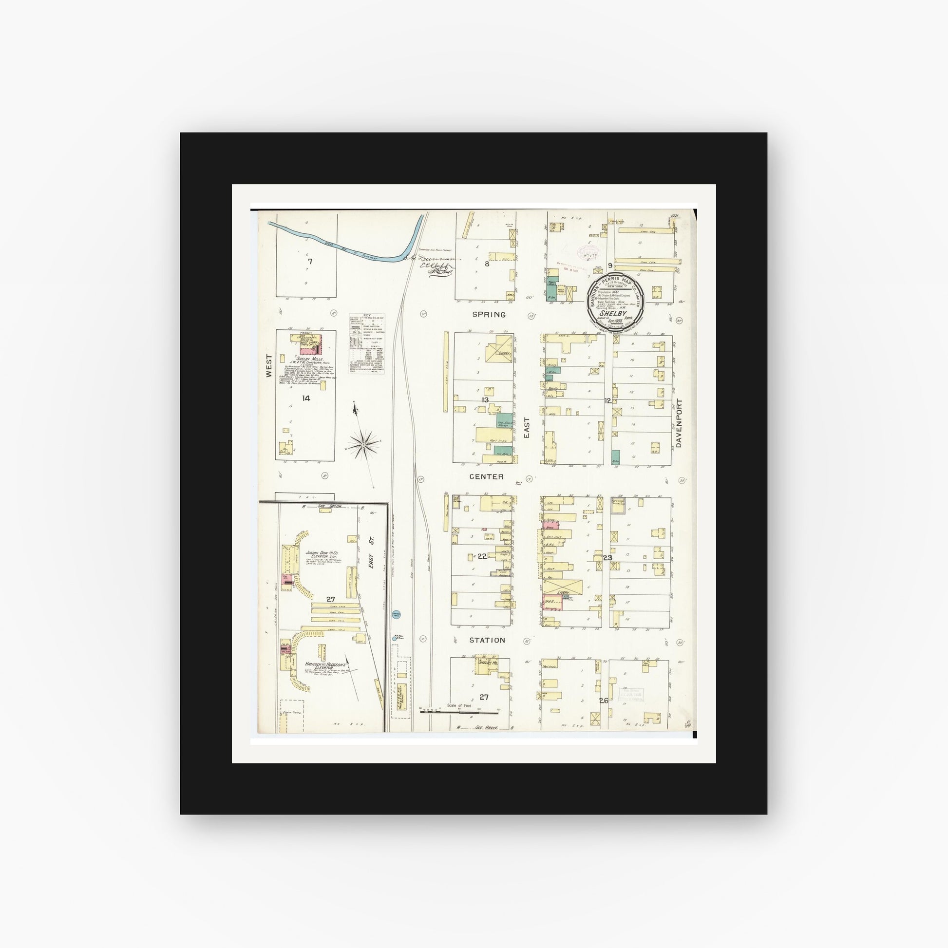 Old map wall art mockup — black gallery frame with white mat — Sanborn Fire Insurance Map from Shelby, Shelby County, Iowa (1893), Sheet #0001