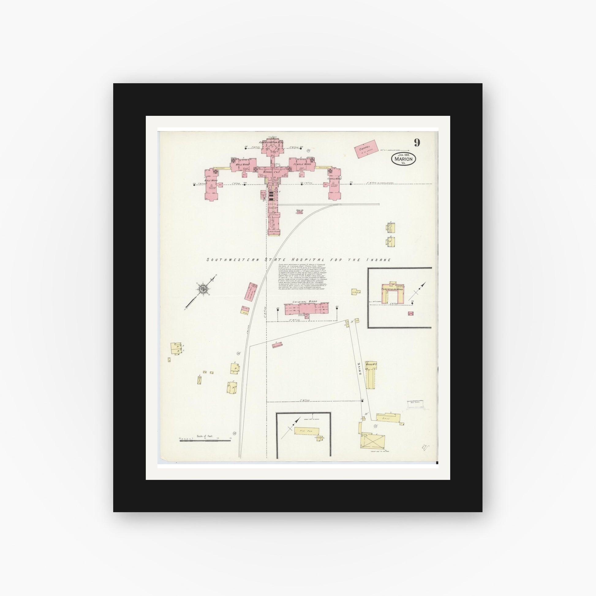 Old map wall art mockup — black gallery frame with white mat — Sanborn Fire Insurance Map from Marion, Smyth County, Virginia (1913), Sheet #0009