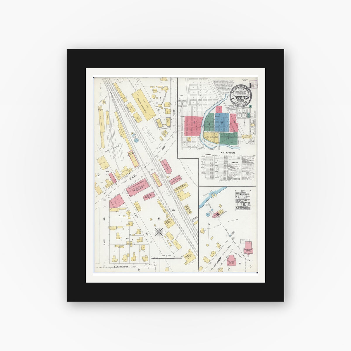 Old map wall art mockup — black gallery frame with white mat — Sanborn Fire Insurance Map from Stoughton, Dane County, Wisconsin (1904) - Complete Map Set