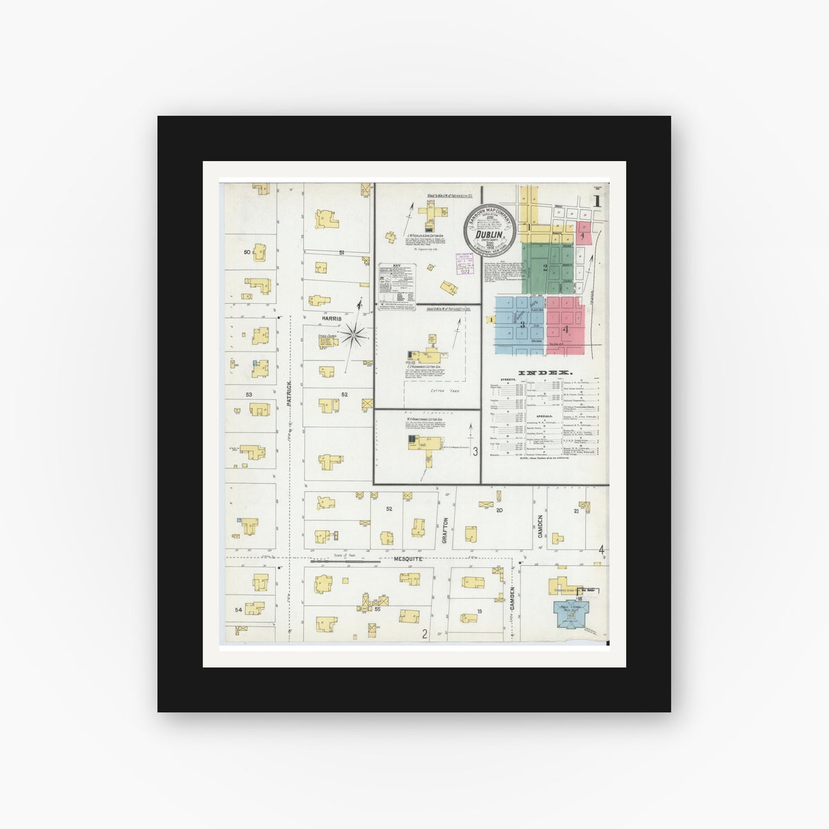 Old map wall art mockup — black gallery frame with white mat — Sanborn Fire Insurance Map from Dublin, Erath County, Texas (1902), Sheet #0001