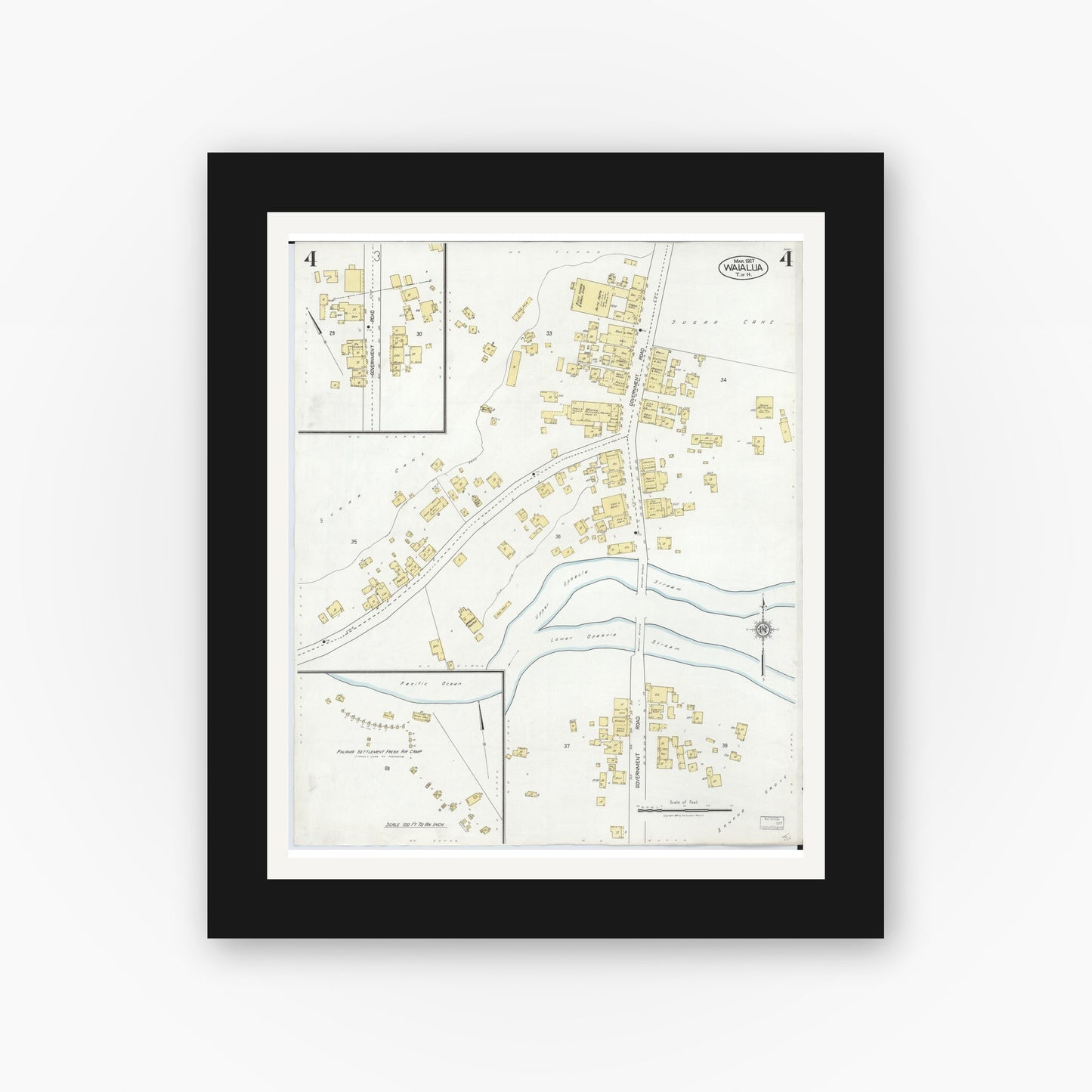 Old map wall art mockup — black gallery frame with white mat — Sanborn Fire Insurance Map from Waialua, Honolulu County, Hawaii (1927), Sheet #0004