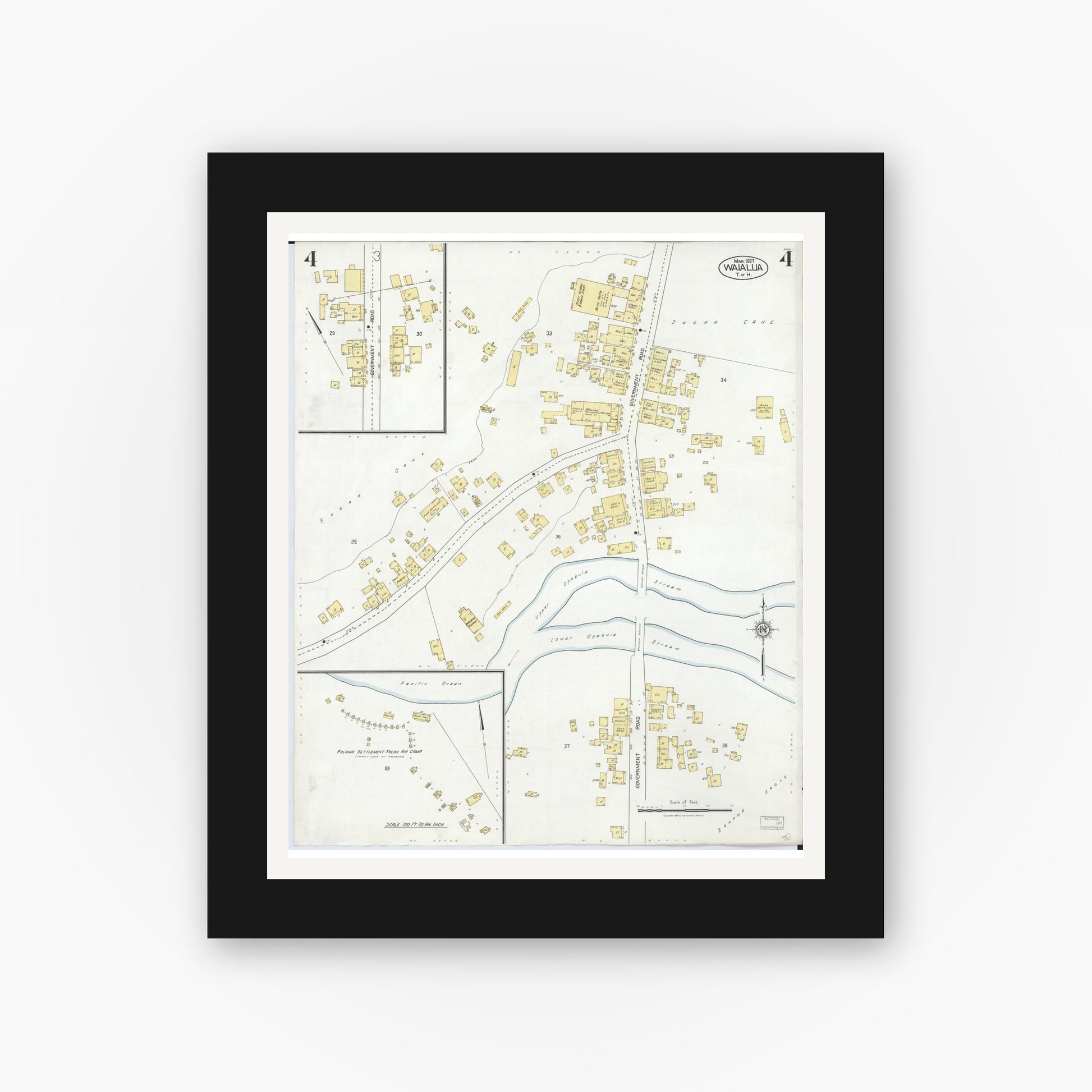 Old map wall art mockup — black gallery frame with white mat — Sanborn Fire Insurance Map from Waialua, Honolulu County, Hawaii (1927), Sheet #0004