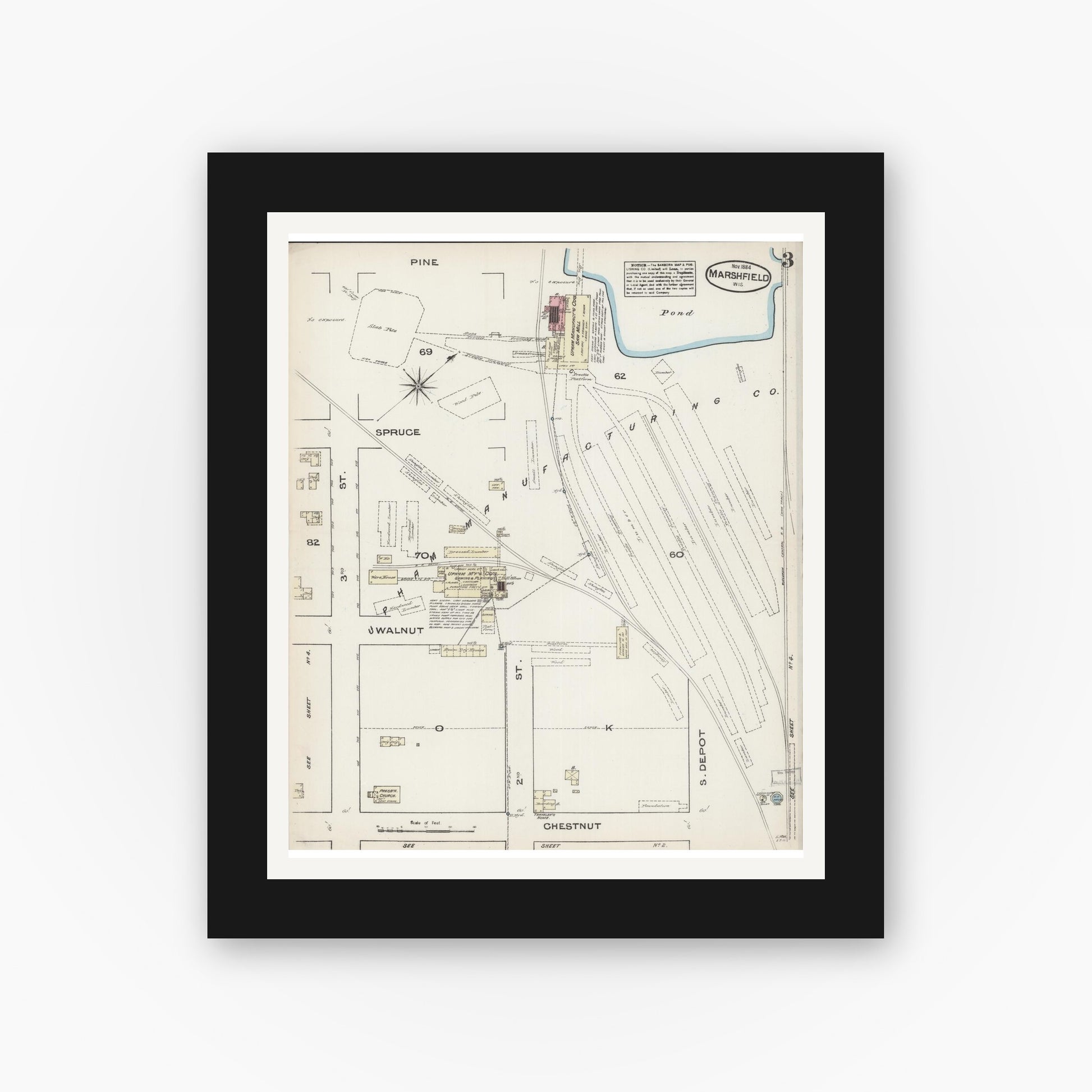 Old map wall art mockup — black gallery frame with white mat — Sanborn Fire Insurance Map from Marshfield, Wood County, Wisconsin (1884), Sheet #0003