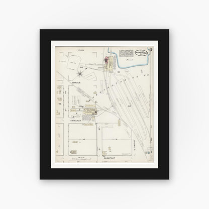 Old map wall art mockup — black gallery frame with white mat — Sanborn Fire Insurance Map from Marshfield, Wood County, Wisconsin (1884), Sheet #0003