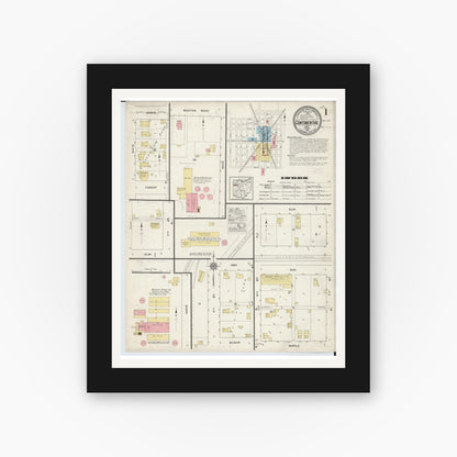 Old map wall art mockup — black gallery frame with white mat — Sanborn Fire Insurance Map from Continental, Putnam County, Ohio (1915), Sheet #0001