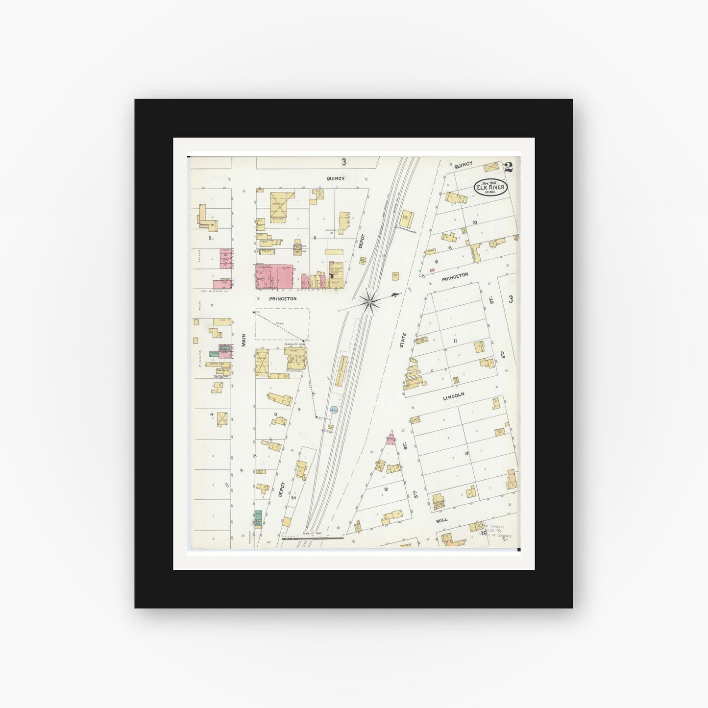 Old map wall art mockup — black gallery frame with white mat — Sanborn Fire Insurance Map from Elk River, Sherburne County, Minnesota (1905), Sheet #0002