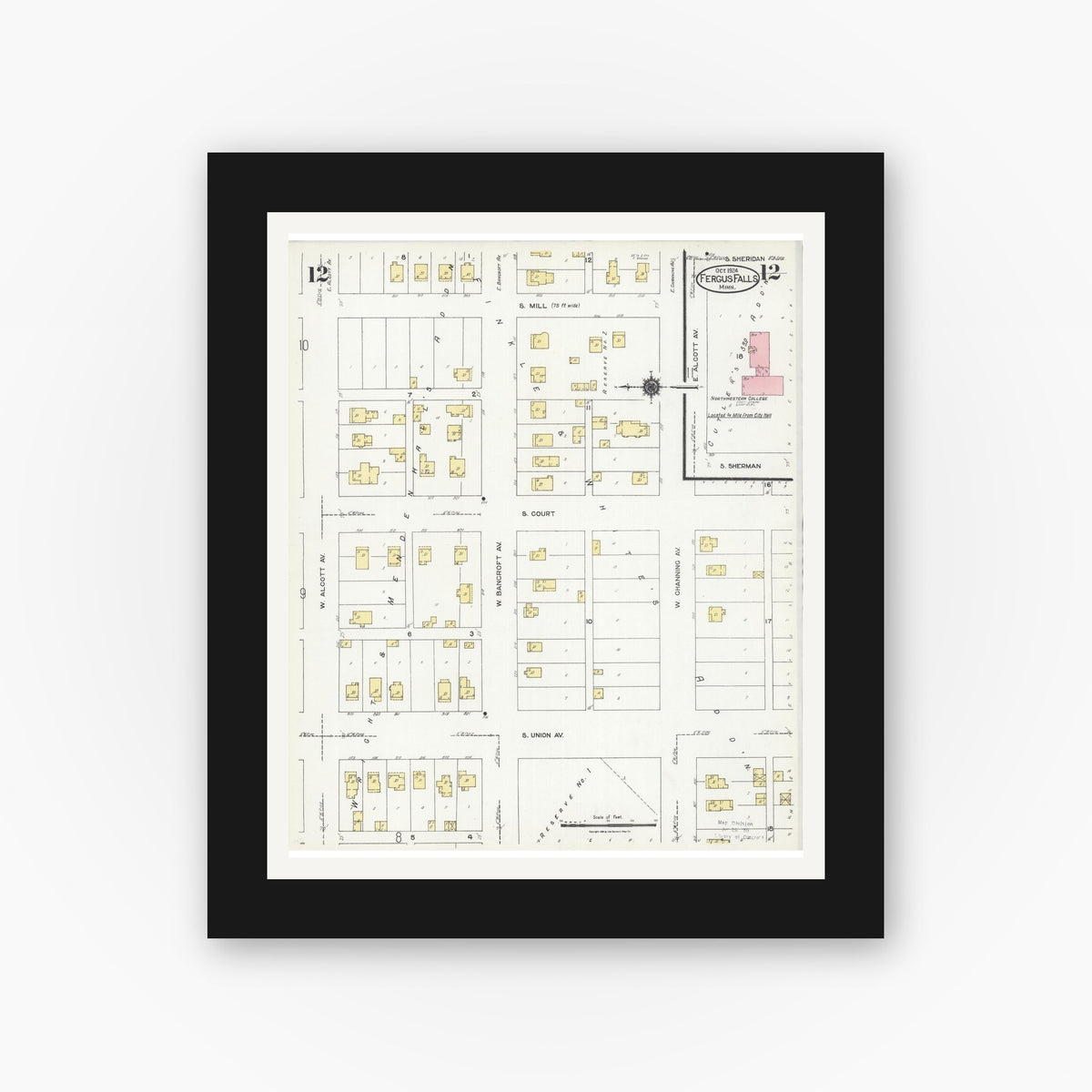Old map wall art mockup — black gallery frame with white mat — Sanborn Fire Insurance Map from Fergus Falls, Otter Tail County, Minnesota (1924), Sheet #0012