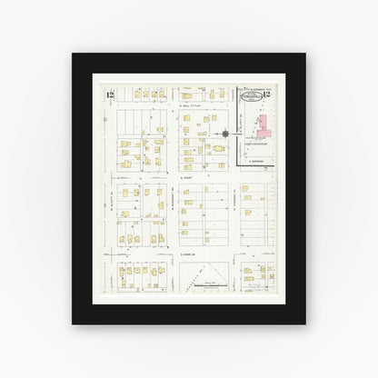 Old map wall art mockup — black gallery frame with white mat — Sanborn Fire Insurance Map from Fergus Falls, Otter Tail County, Minnesota (1924), Sheet #0012