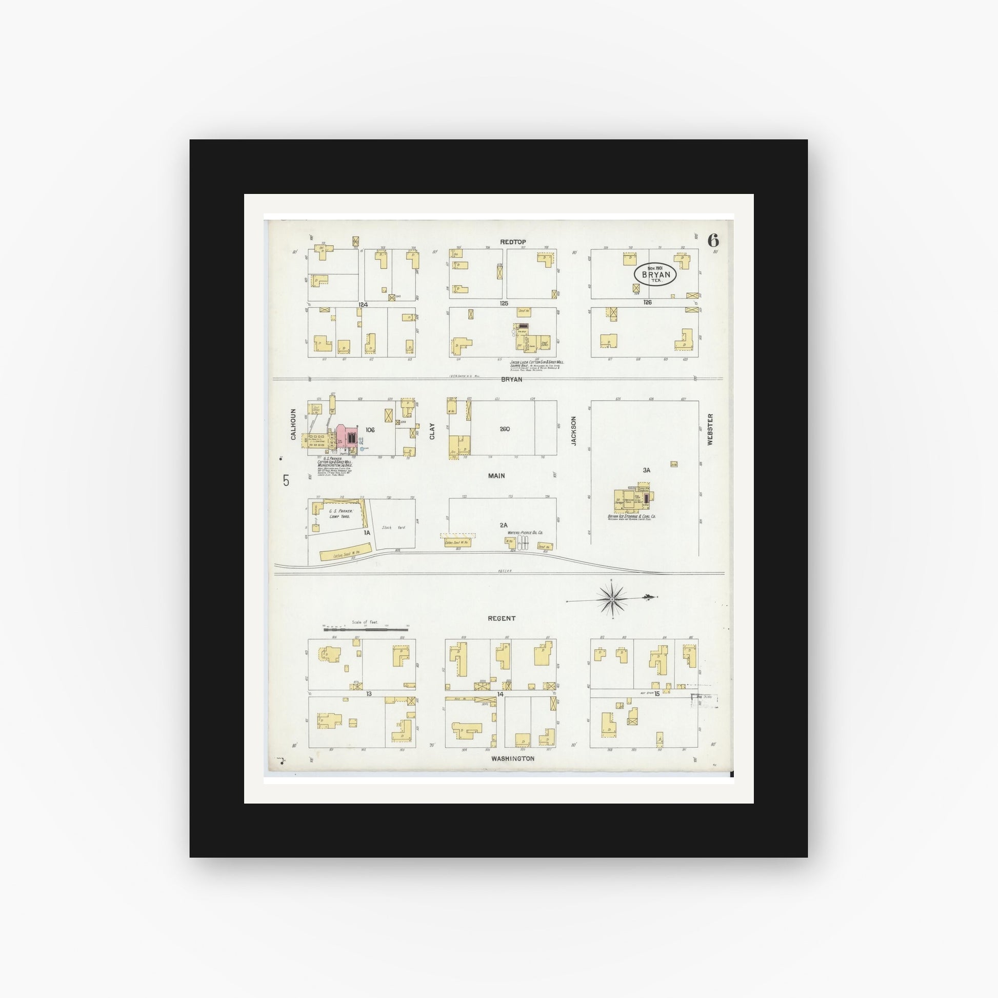 Old map wall art mockup — black gallery frame with white mat — Sanborn Fire Insurance Map from Bryan, Brazos County, Texas (1901), Sheet #0006