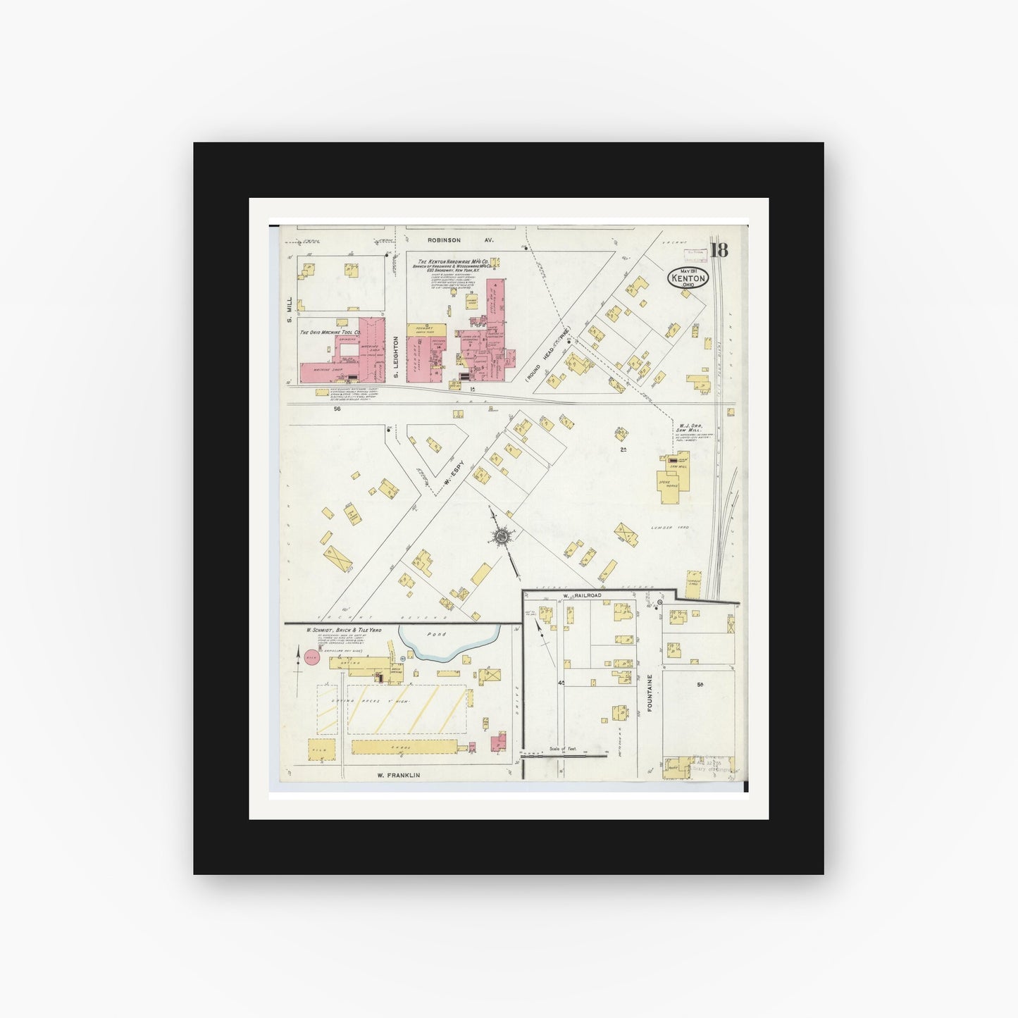 Old map wall art mockup — black gallery frame with white mat — Sanborn Fire Insurance Map from Kenton, Hardin County, Ohio (1911), Sheet #0018